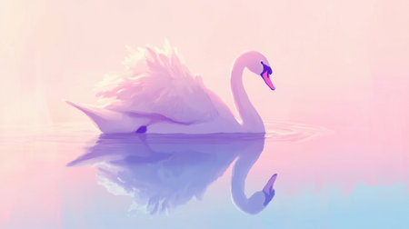 Graceful swan floating on a tranquil lake, illustrated with soft pastel colors and a serene backdrop for a peaceful and elegant compositionの素材
