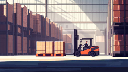 Forklifts carrying pallets in a warehouse setting, flat design, side view animation, with a split-complementary palette for contrast.の素材