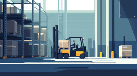 Forklifts carrying pallets in a warehouse setting, flat design, side view animation, with a split-complementary palette for contrast.の素材