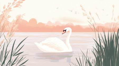 Pastel-colored swan illustration on a serene lake, gentle and simple design highlighting the grace and beauty of the bird in a tranquil settingの素材