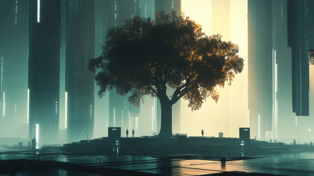 Minimalist futuristic cityscape in soft lighting, featuring eco-conscious urban design, clean forms, and efficient space usage in a 3D rendered urban settingの素材