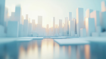 Modern eco-friendly city design in a 3D render, featuring clean lines, minimal composition, and soft lighting for a futuristic and sustainable urban landscapeの素材