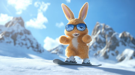 A cool Easter bunny wearing sunglasses, skiing down a snowy mountain slope, with blue skies and snow-covered peaks in the background.の素材