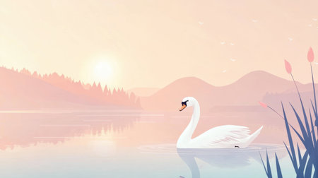 Minimalist illustration of a swan floating on a quiet lake with soft pastel tones in the background, creating an elegant and peaceful atmosphereの素材