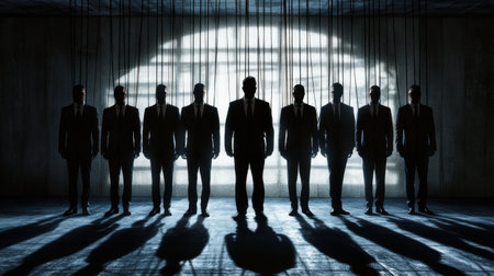 Politicians manipulated by strings, dark eerie atmosphere symbolizing corruption and control, deep shadows emphasize power strugglesの素材