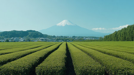 A panoramic view of green tea fields with Mount Fuji in the background, highlighting Japan's natural beauty and agricultural heritage.の素材