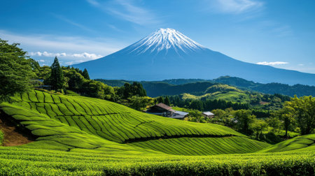 Beautiful green tea fields at the foot of Mount Fuji, showcasing the stunning connection between nature and agriculture.の素材