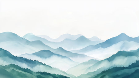 Beautiful watercolor panoramic painting of rolling mountains, blending soft blues, greens, and purples in a peaceful scene.の素材