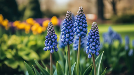 Blue spring flowers in full bloom, the soft-focus background creating a dreamy and tranquil effect.の素材