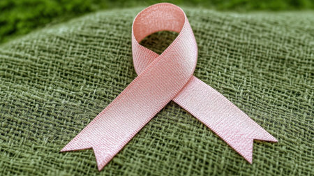Cancer awareness ribbon in soft pink against a lively green background, symbolizing strength, hope, and community.の素材
