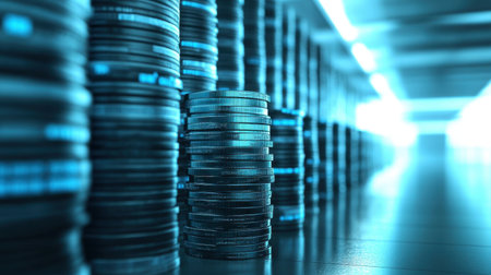 Cloud service costs visualized by a growing stack of coins, highlighting storage and computing power expenses.の素材