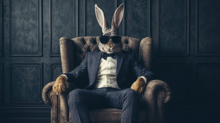 Cool and sophisticated Easter bunny, dressed in a formal suit, with sleek sunglasses giving off a suave vibe.の素材