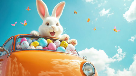 Easter bunny cruising in a car filled with Easter eggs, on a fun delivery mission under a bright blue sky.の素材