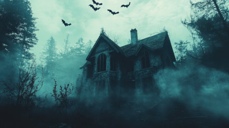 Dark Halloween landscape with creepy shadows, bats flying overhead, and a haunted house shrouded in mist.の素材