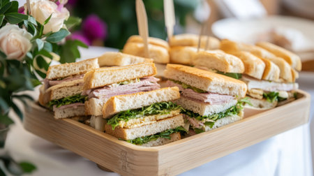Corporate event morning tea platters featuring sandwiches and bread on chic wooden boxes for a modern presentation.の素材