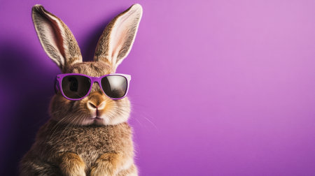 Easter bunny with cool sunglasses, sitting on a purple background, bringing a fun and playful energy to the scene.の素材