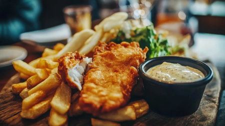 Delicious fish and chips, perfectly fried and accompanied by tartar sauce, served on a wooden board for a rustic British dining experience.の素材