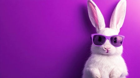 Happy Easter bunny in stylish sunglasses, striking a playful pose on a bright purple backdrop.の素材