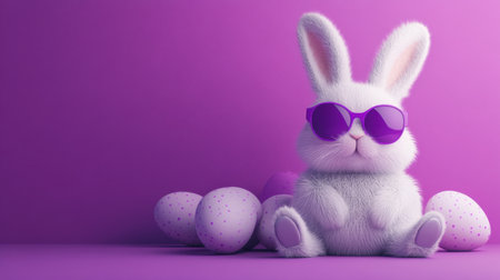 Easter bunny with cool sunglasses, sitting on a purple background, bringing a fun and playful energy to the scene.の素材