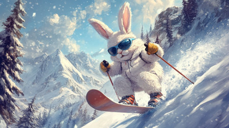 Easter bunny with sunglasses confidently skiing down a mountain, snowflakes flying in the air as it zips through the winter scene.の素材