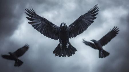 Ominous black crows with sharp talons, piercing eyes, hovering menacingly against a gloomy, foreboding sky.の素材