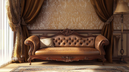 Ornate floral baroque wallpaper in a sophisticated room setting, creating a luxurious, antique atmosphere.の素材