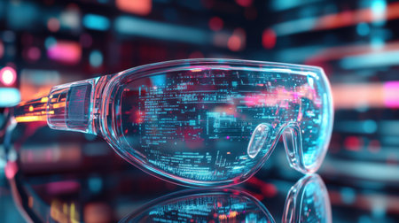 Smart glasses projecting holographic data, with a high-tech futuristic background full of vibrant digital information.の素材