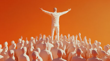 A 3D illustration of a leader standing tall above a group of followers, symbolizing leadership, inspiration, and unity in an abstract settingの素材