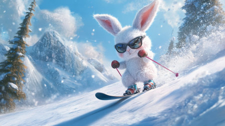 Stylish Easter bunny with sunglasses, racing down a mountain on skis, leaving a trail of snow behind in a fun, wintery scene.の素材