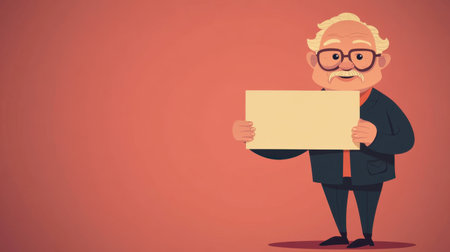 A cartoon senior man presents a blank sign, offering space for your message, on a colorful backgroundの素材