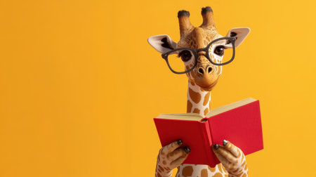A cheerful giraffe in quirky glasses reads a book, against a vibrant orange background, representing education and fun.の素材