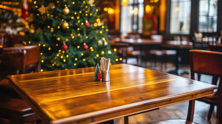 Wooden table set in a Christmas-themed room, perfect for holiday displays or seasonal decor with twinkling lights and ornaments nearby.の素材