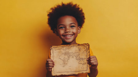 A cheerful boy holds a treasure map with a big smile, set against a bright yellow background, ready for a fun-filled adventure.の素材