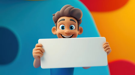 A cheerful cartoon figure holds a blank sign on a lively, colorful background, ideal for marketing or advertising content.の素材