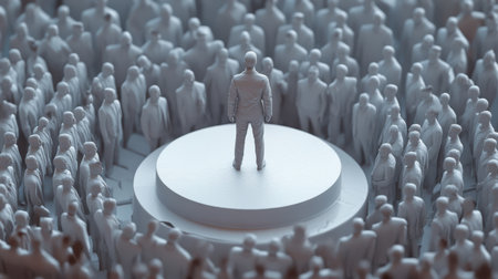 A 3D depiction of a leader standing on a podium, surrounded by followers, representing leadership and collective unity, set in a modern abstract spaceの素材
