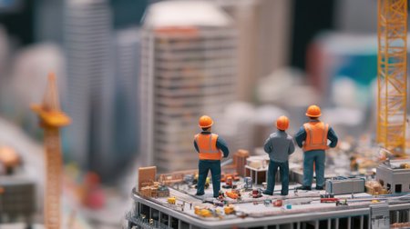 A close-up miniature scene of construction workers in vivid orange hard hats overseeing the development of a complex urban cityscapeの素材