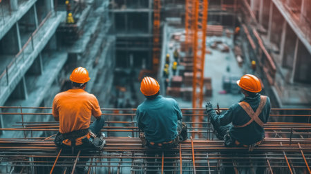A close-up miniature scene of construction workers in vivid orange hard hats overseeing the development of a complex urban cityscapeの素材