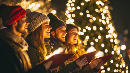 A group of cheerful carolers singing by a decorated Christmas tree, illuminated by warm festive lights in a cozy holiday setting.の素材