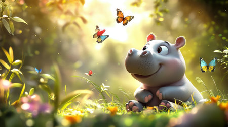 A playful baby hippo interacts with fluttering butterflies in a bright nature setting, vivid colors and friendly vibes in this 3D illustrationの素材