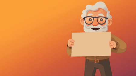 A friendly cartoon elderly man in glasses holds a blank sign, perfect for announcements, set against a vibrant backdrop.の素材