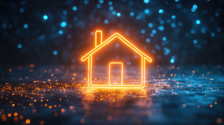 A neon house symbol in bright orange shines on a dark, starry blue background, evoking warmth and shelter.の素材