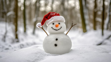 A snowman with a red Santa hat, waving happily amid a snowy landscape, bringing holiday cheer to a wintery world.の素材