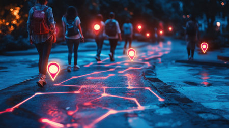 A team walks along a futuristic roadmap with glowing holographic markers, symbolizing future goals and technological advancementの素材
