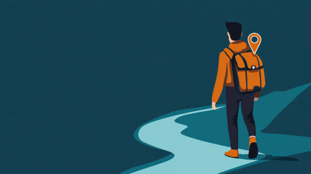 Cartoon figure carrying a location pin, walking down a minimalist path, representing exploration and discovery.の素材