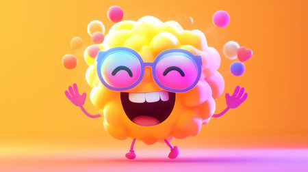 Character with a brightly glowing brain, radiating ideas and creativity, in a modern colorful designの素材