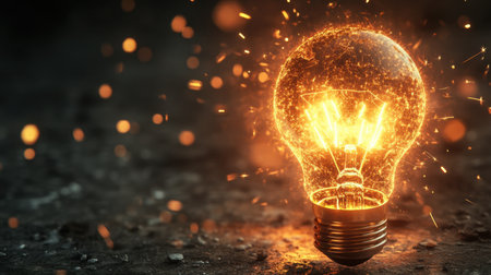An abstract flat illustration of a glowing light bulb with sparks, symbolizing the ignition of bright ideas and creative thoughtの素材