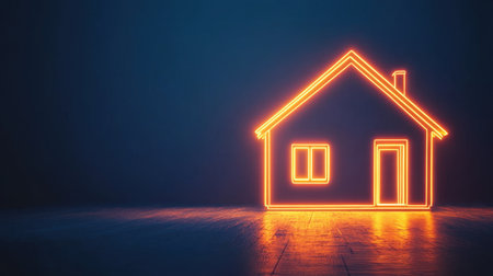 Bright neon orange outline of a house on a deep blue background, glowing with warmth and home vibes.の素材