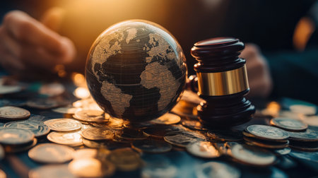 Global currencies encircle a world globe, with hands and a judge's gavel symbolizing finance, regulation, and international economicsの素材