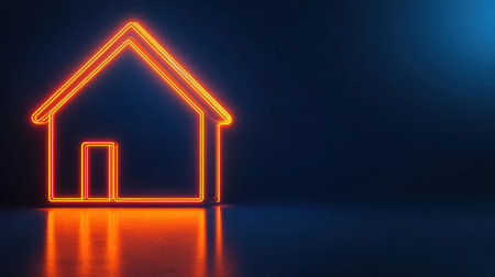 Glowing neon outline of a house in bright orange against a dark blue backdrop, symbolizing comfort and home.の素材