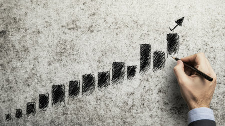 Hands drawing a chart with goals highlighted at key points, illustrating a roadmap of incremental productivity and progress.の素材